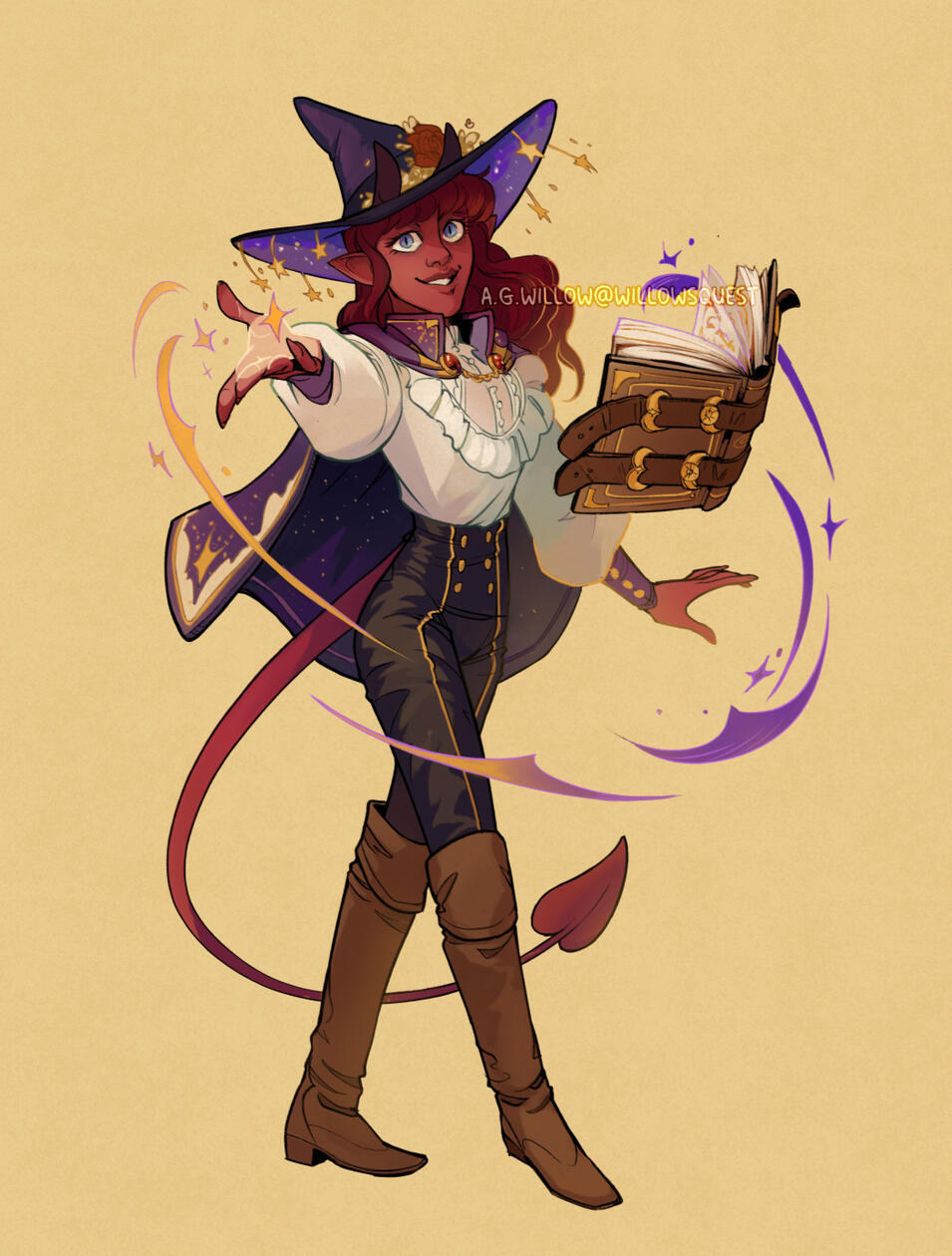 female tiefling wizard TTRPG art D&D dnd dungeons and dragons willowsquest @willowsquest A.G.Willow