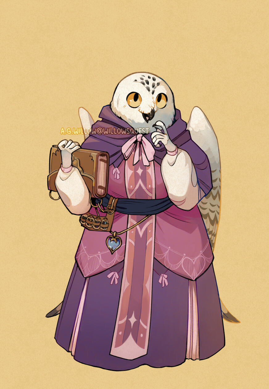 female owl aarakocra cleric TTRPG art D&D dnd dungeons and dragons willowsquest @willowsquest A.G.Willow